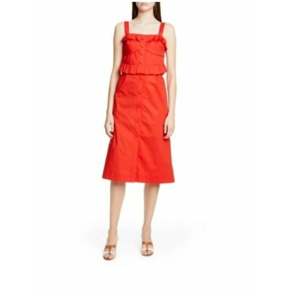 Sea New York Red Cotton Midi Dress Button Front Ruffle Corset Sz 0 New $398